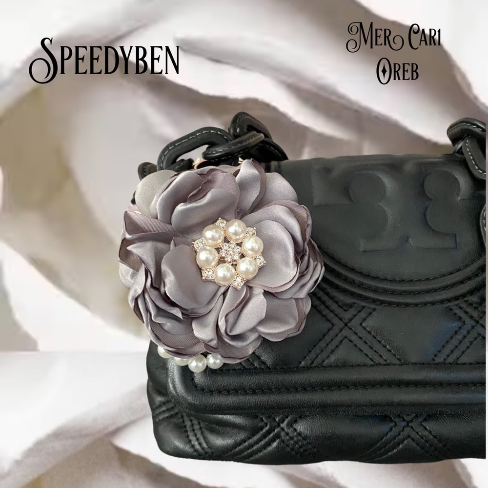 Grey Satin Floral Pearl Bag Charm/Keychain
